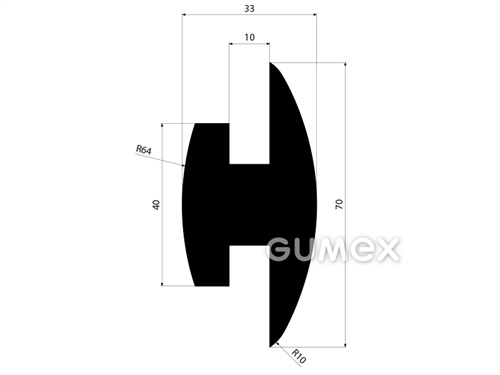 Gumový profil tvaru "H", 70x33/10/10mm, 70°ShA, EPDM, -40°C/+100°C, čierny